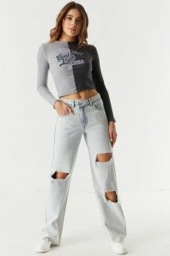 Stitches Ladies Ribbed Spliced Graphic Good Vibes Cropped Long Sleeve Top