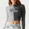 Stitches Ladies Ribbed Spliced Graphic Good Vibes Cropped Long Sleeve Top