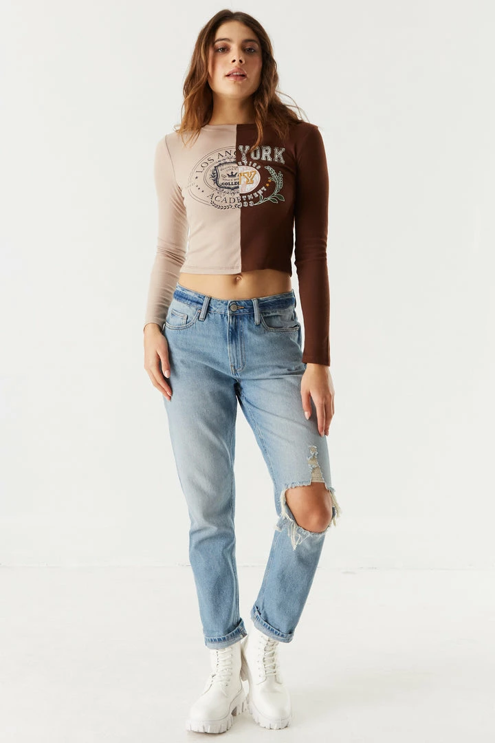 Stitches Ladies Ribbed Spliced Graphic New York Cropped Long Sleeve Top 3 Stitches Ladies Ribbed Spliced Graphic New York Cropped Long Sleeve Top