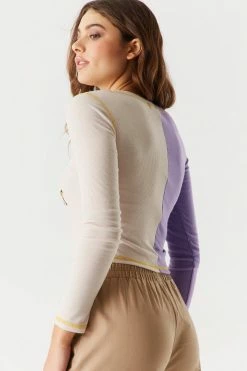 Stitches Ladies Ribbed Spliced Graphic West Coast Cropped Long Sleeve Top