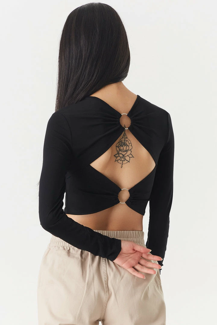 Stitches Ladies O-Ring Open Back Long Sleeve Cropped Top Tops 5 Stitches Ladies O-Ring Open Back Long Sleeve Cropped Top Tops