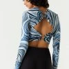 Stitches Ladies O-Ring Printed Open Back Long Sleeve Cropped Top Tops