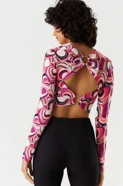 Stitches Ladies Tops O-Ring Open Back Printed Long Sleeve Cropped Top