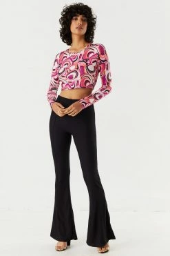Stitches Ladies Tops O-Ring Open Back Printed Long Sleeve Cropped Top