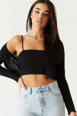 Stitches Ladies Ribbed Lettuce Trim Cardigan And Cropped Cami Twin Set Tops