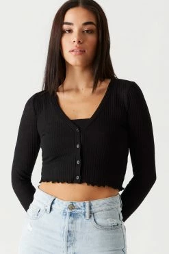 Stitches Ladies Ribbed Lettuce Trim Cardigan And Cropped Cami Twin Set Tops