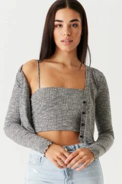 Stitches Ladies Ribbed Lettuce Trim Cardigan And Cropped Cami Twin Set Tops