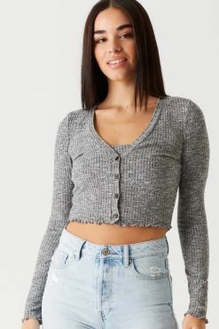 Stitches Ladies Ribbed Lettuce Trim Cardigan And Cropped Cami Twin Set Tops