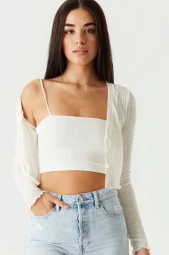 Stitches Ladies Ribbed Lettuce Trim Cardigan And Cropped Cami Twin Set Tops