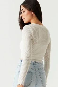 Stitches Ladies Ribbed Lettuce Trim Cardigan And Cropped Cami Twin Set Tops