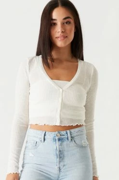 Stitches Ladies Ribbed Lettuce Trim Cardigan And Cropped Cami Twin Set Tops