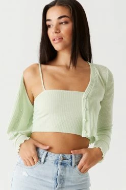 Stitches Ladies Ribbed Lettuce Trim Cardigan And Cropped Cami Twin Set Tops