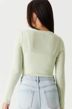 Stitches Ladies Ribbed Lettuce Trim Cardigan And Cropped Cami Twin Set Tops