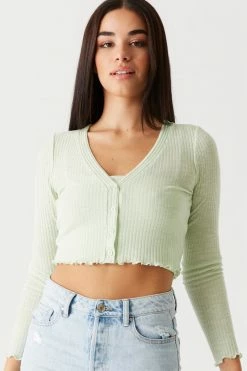 Stitches Ladies Ribbed Lettuce Trim Cardigan And Cropped Cami Twin Set Tops