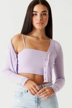 Stitches Ladies Ribbed Lettuce Trim Cardigan And Cropped Cami Twin Set Tops