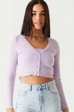 Stitches Ladies Ribbed Lettuce Trim Cardigan And Cropped Cami Twin Set Tops