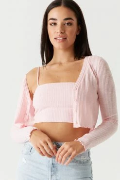 Stitches Ladies Ribbed Lettuce Trim Cardigan And Cropped Cami Twin Set Tops