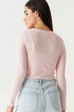 Stitches Ladies Ribbed Lettuce Trim Cardigan And Cropped Cami Twin Set Tops