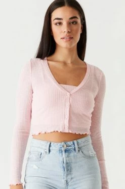 Stitches Ladies Ribbed Lettuce Trim Cardigan And Cropped Cami Twin Set Tops