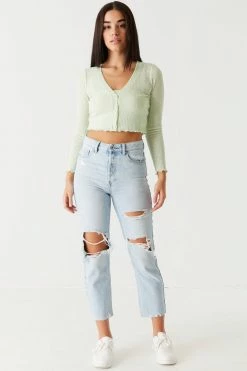 Stitches Ladies Ribbed Lettuce Trim Cardigan And Cropped Cami Twin Set Tops