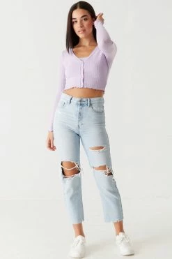 Stitches Ladies Ribbed Lettuce Trim Cardigan And Cropped Cami Twin Set Tops