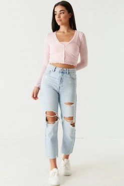 Stitches Ladies Ribbed Lettuce Trim Cardigan And Cropped Cami Twin Set Tops