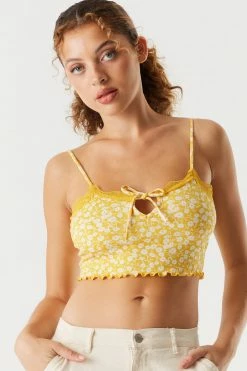 Stitches Ladies Soft Printed Floral Ribbed Cardigan With Cropped Lace Trim Cami Twin Set