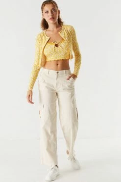 Stitches Ladies Soft Printed Floral Ribbed Cardigan With Cropped Lace Trim Cami Twin Set