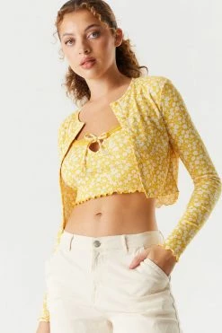 Stitches Ladies Soft Printed Floral Ribbed Cardigan With Cropped Lace Trim Cami Twin Set