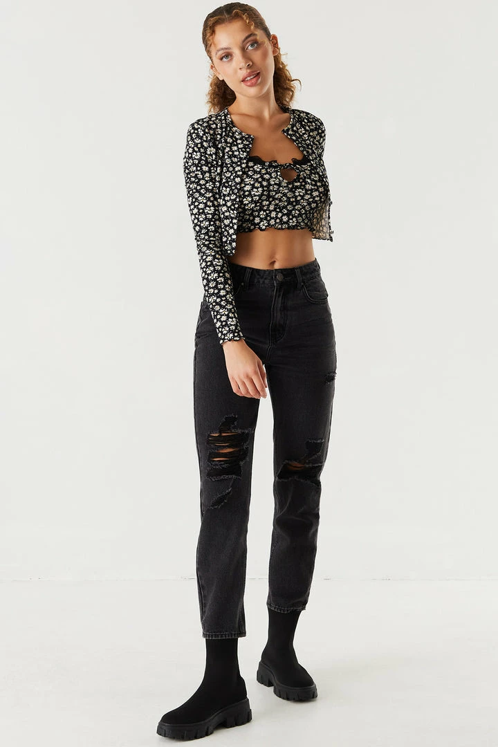 Stitches Ladies Soft Floral Printed Ribbed Cardigan With Cropped Lace Trim Cami Twin Set Tops 5 Stitches Ladies Soft Floral Printed Ribbed Cardigan With Cropped Lace Trim Cami Twin Set Tops