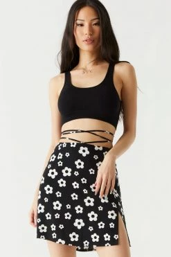 Stitches Ladies Groovy Flower Print Self-Tie Side Slit Mini Skirt
