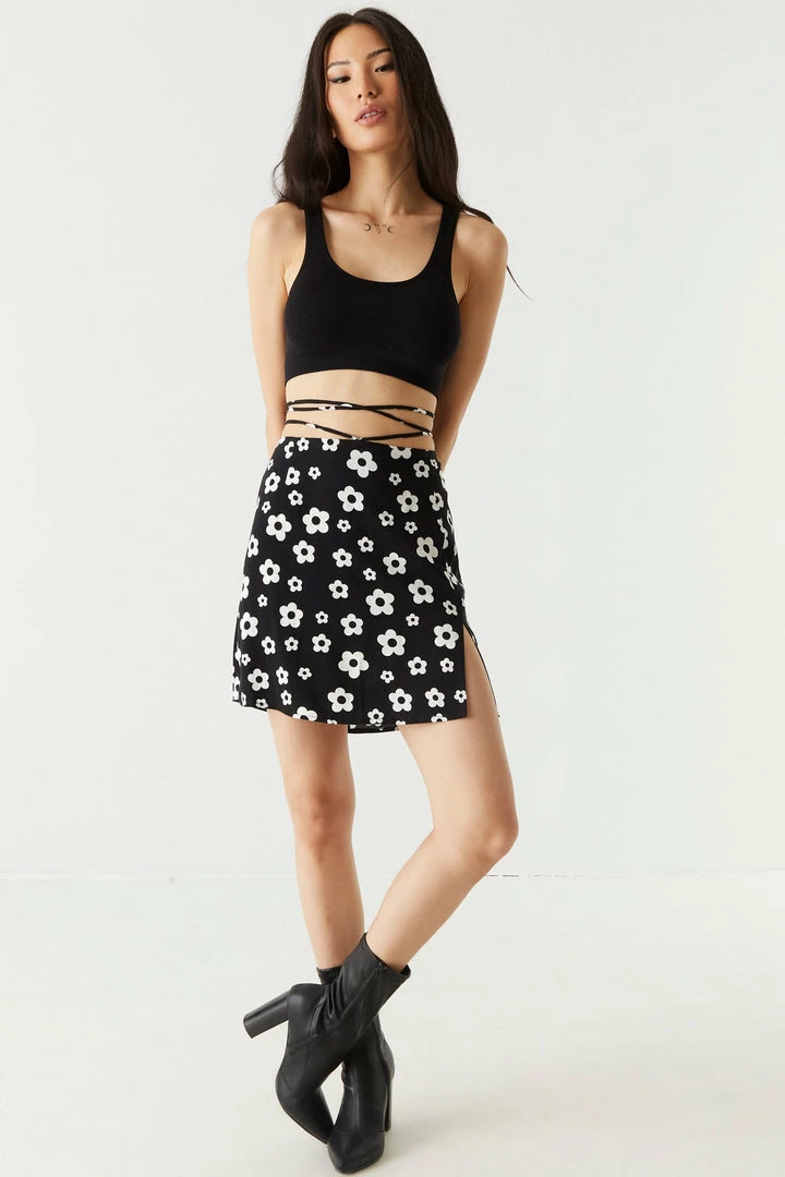 Stitches Ladies Groovy Flower Print Self-Tie Side Slit Mini Skirt 3 Stitches Ladies Groovy Flower Print Self-Tie Side Slit Mini Skirt
