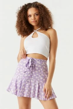 Stitches Ladies Bottoms Lilac Floral Print Belted Skort
