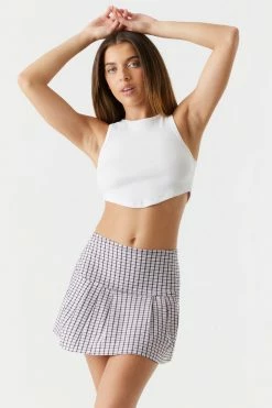 Stitches Ladies Pink Plaid High-Rise Pleated Bottom Mini Skirt