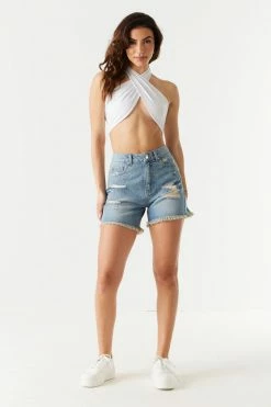 Stitches Ladies Refuge Unrolled Distressed Ultra-High-Rise Mom Jean Shorts Refuge Jeans