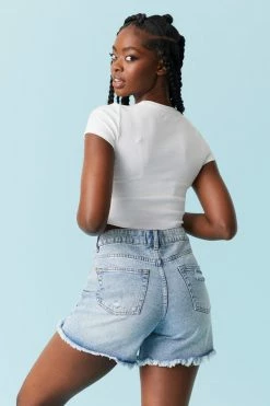 Stitches Ladies Refuge Unrolled Distressed Ultra-High-Rise Mom Jean Shorts Refuge Jeans