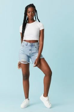 Stitches Ladies Refuge Unrolled Distressed Ultra-High-Rise Mom Jean Shorts Refuge Jeans