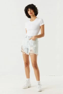 Stitches Ladies Refuge Unrolled Distressed Ultra-High-Rise Mom Jean Shorts Refuge Jeans