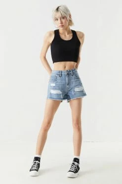 Stitches Ladies Refuge Jeans Refuge High-Rise Distressed Medium Wash Vintage Denim Short