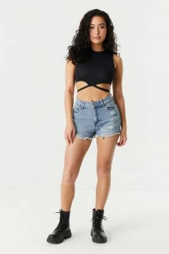 Stitches Ladies Refuge High-Rise Medium Wash Distressed Denim Short Refuge Jeans