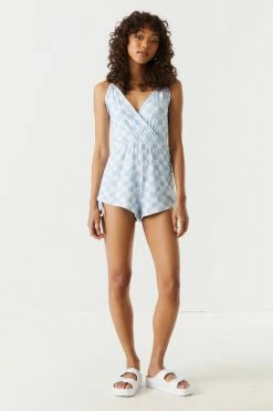 Stitches Ladies Soft Blue Checkered Print Self-Tie Side Romper 5 Stitches Ladies Soft Blue Checkered Print Self-Tie Side Romper