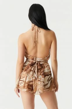 Stitches Ladies Jumpsuits + Rompers Chiffon Marble Print Cut-Out Self-Tie Halter Neck Romper