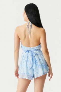 Stitches Ladies Jumpsuits + Rompers Chiffon Marble Print Cut-Out Self-Tie Halter Neck Romper