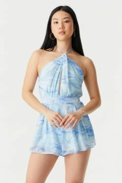 Stitches Ladies Jumpsuits + Rompers Chiffon Marble Print Cut-Out Self-Tie Halter Neck Romper