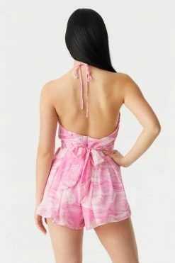 Stitches Ladies Jumpsuits + Rompers Chiffon Marble Print Cut-Out Self-Tie Halter Neck Romper