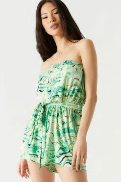 Stitches Ladies Marble Pattern Belted Strapless Romper Jumpsuits + Rompers