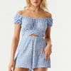 Stitches Ladies Off The Shoulder Crisscross Cut-Out Gingham Ruffled Romper Jumpsuits + Rompers