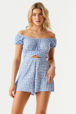 Stitches Ladies Off The Shoulder Crisscross Cut-Out Gingham Ruffled Romper Jumpsuits + Rompers