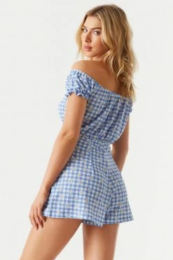 Stitches Ladies Off The Shoulder Crisscross Cut-Out Gingham Ruffled Romper Jumpsuits + Rompers