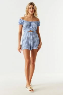 Stitches Ladies Off The Shoulder Crisscross Cut-Out Gingham Ruffled Romper Jumpsuits + Rompers 8 Stitches Ladies Off The Shoulder Crisscross Cut-Out Gingham Ruffled Romper Jumpsuits + Rompers